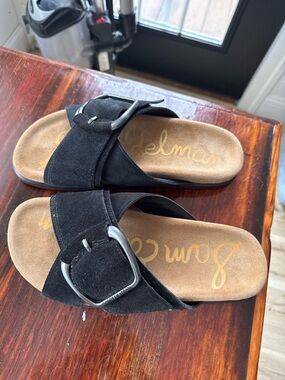 Sam Edelman Black Suede Slide Sandals with Silver Buckles